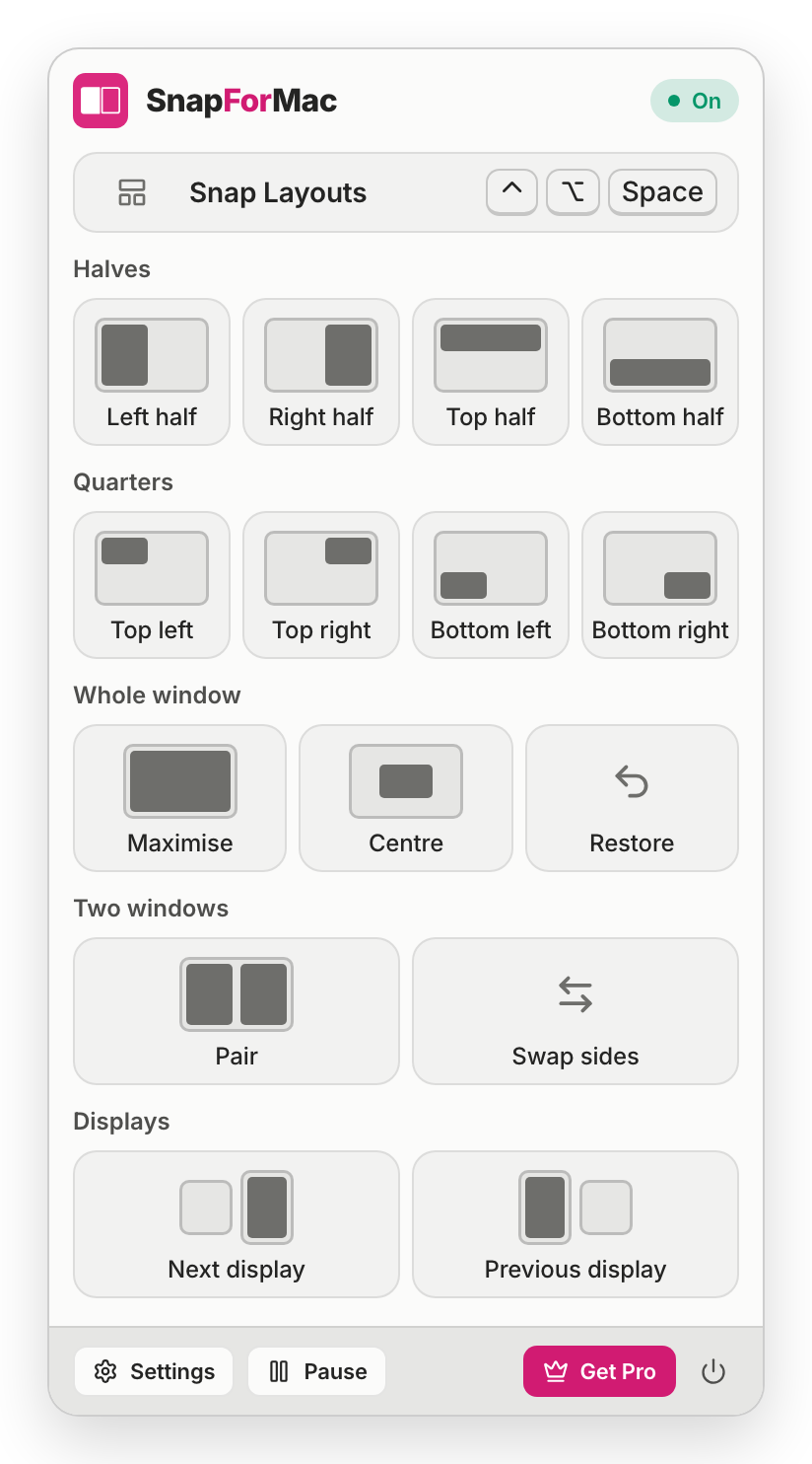 The SnapForMac menu-bar popover in the light theme: Snap Layouts at the top, then buttons for halves, quarters, maximise, centre, restore, pair, swap sides and moving a window to the next or previous display